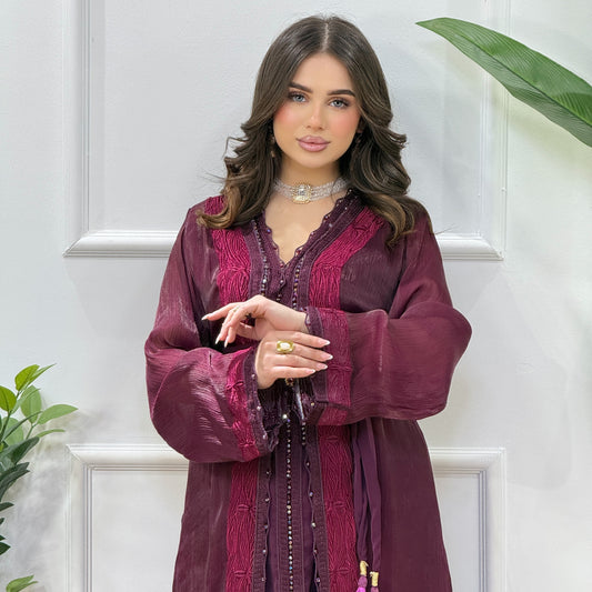 Caftan 2 Pièces Organza Brodé & Satin – Cristaux Cousus Main | Bordeaux Profond (Burgundy)