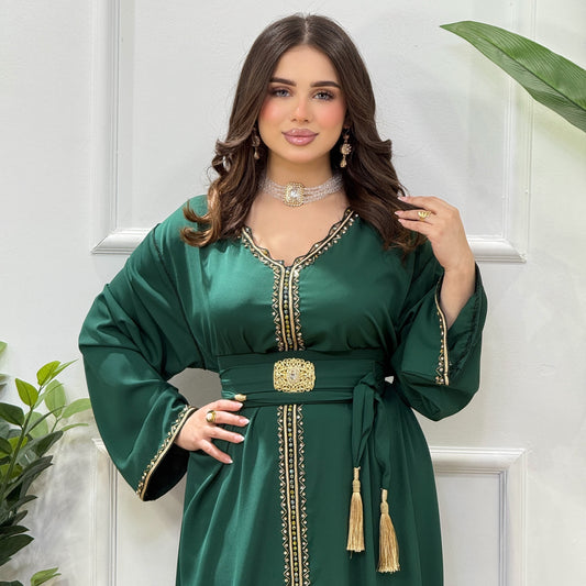 Caftan Sarah – Crêpe avec Cristaux Cousus Main | Tailles Standard (36 au 60)