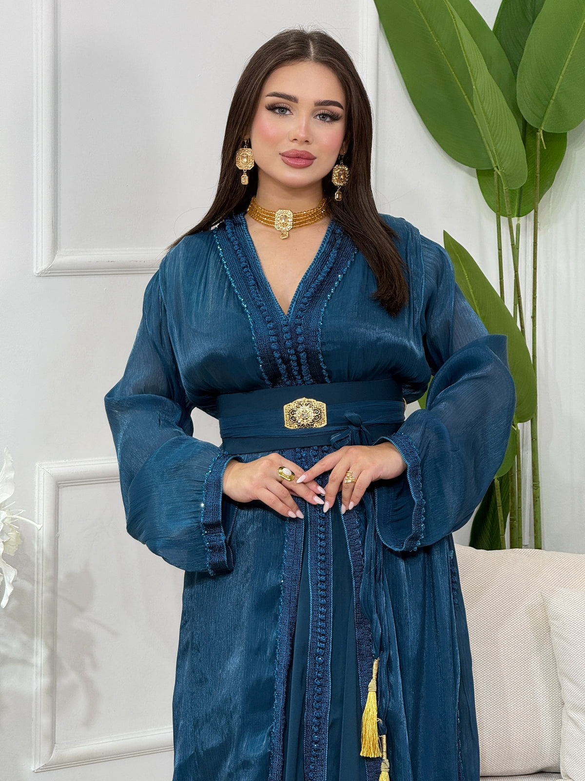 Caftan organza Amira bleu pétrole