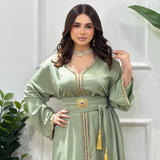 Caftan Sarah – Crêpe avec Cristaux Cousus Main | Tailles Standard (36 au 60)