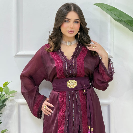 Caftan 2 Pièces Organza Brodé & Satin – Cristaux Cousus Main | Bordeaux Profond (Burgundy)